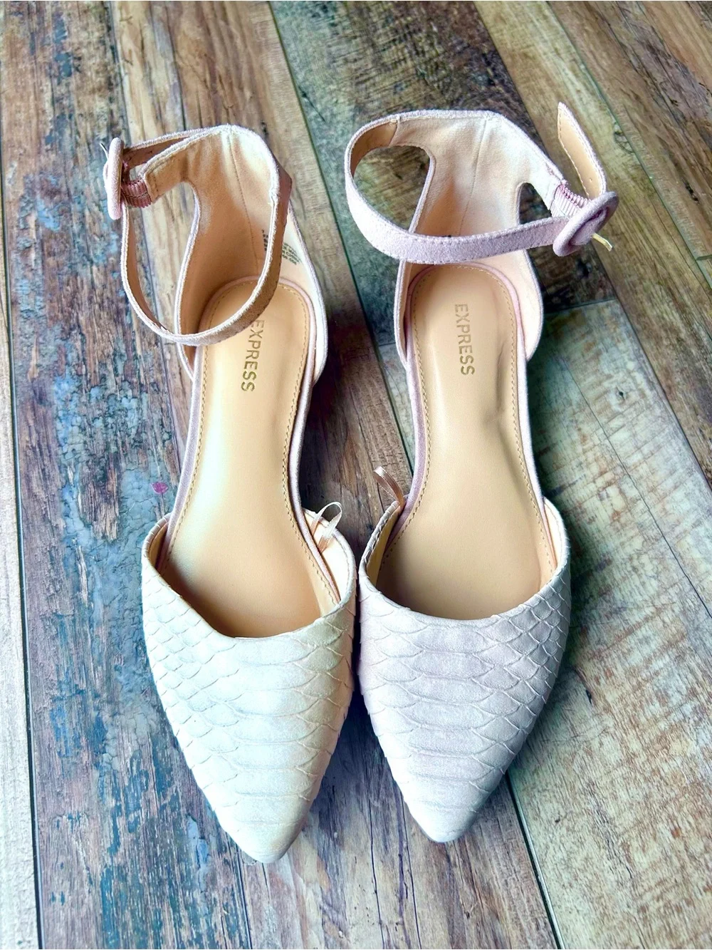 Express Blush Pink Snakeskin D’Orsay Ankle Strap Pointed Flats Size 7